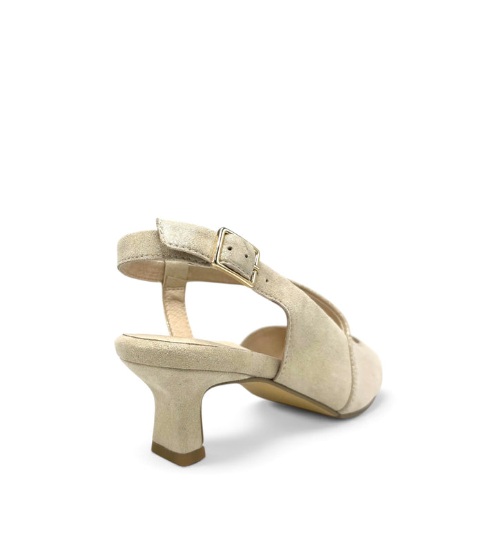 House of Florian Orello XW champagne shimmer slingback kitten heel with gold buckle detail