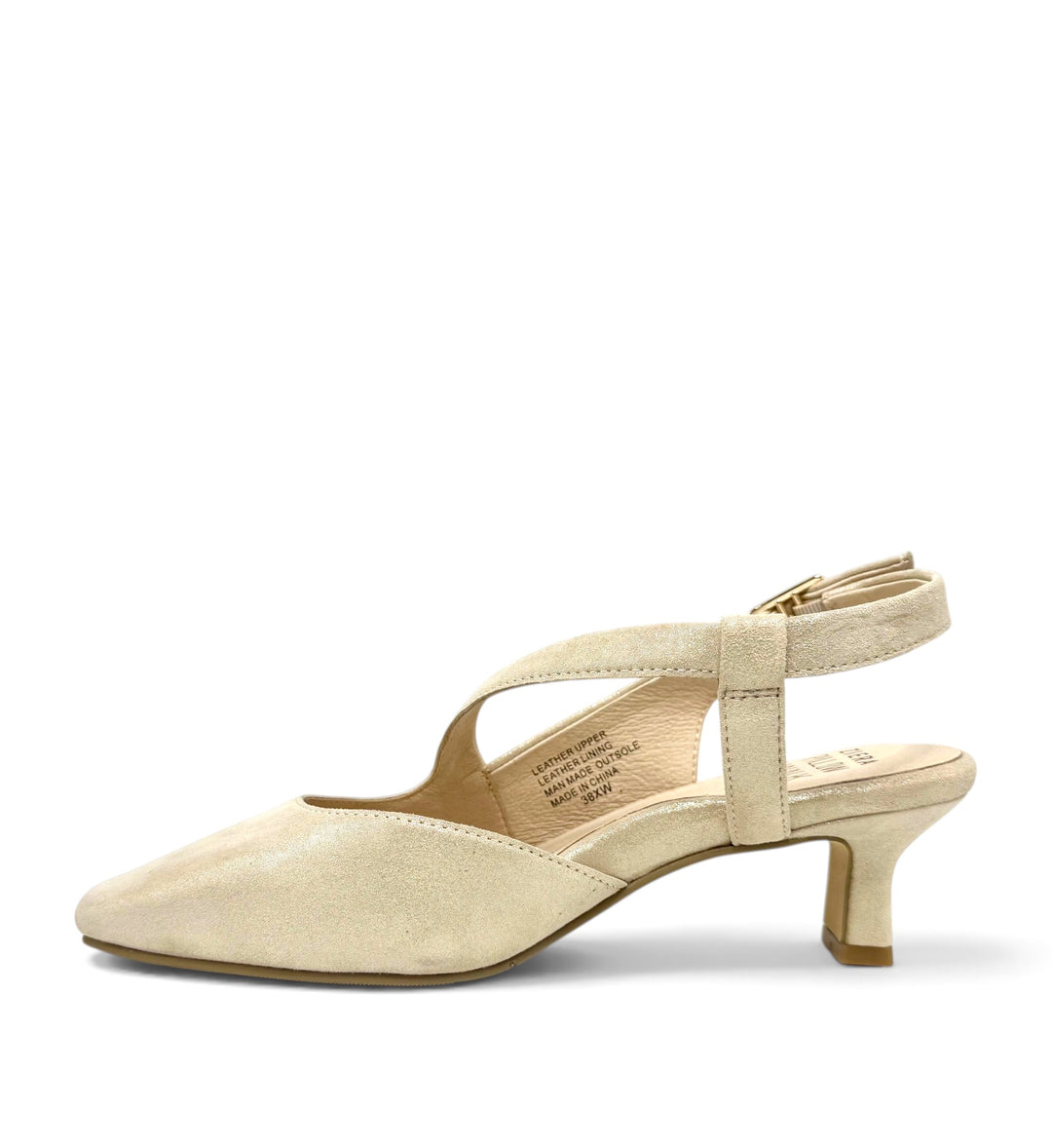 House of Florian Orello XW champagne shimmer slingback kitten heel with a pointed toe and adjustable ankle strap