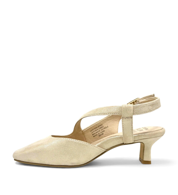 House of Florian Orello XW champagne shimmer slingback kitten heel with a pointed toe and adjustable ankle strap