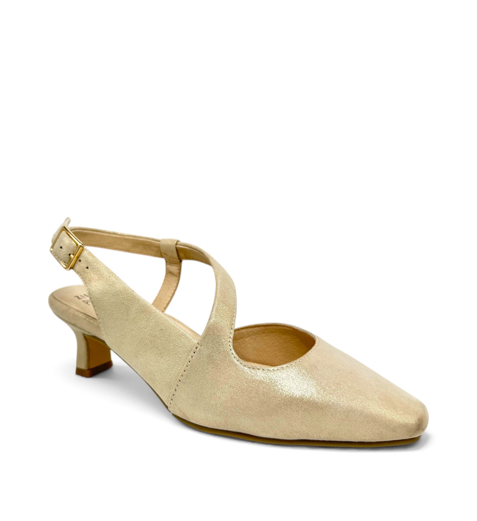 House of Florian Orello XW champagne shimmer kitten heel with a pointed toe and adjustable slingback strap