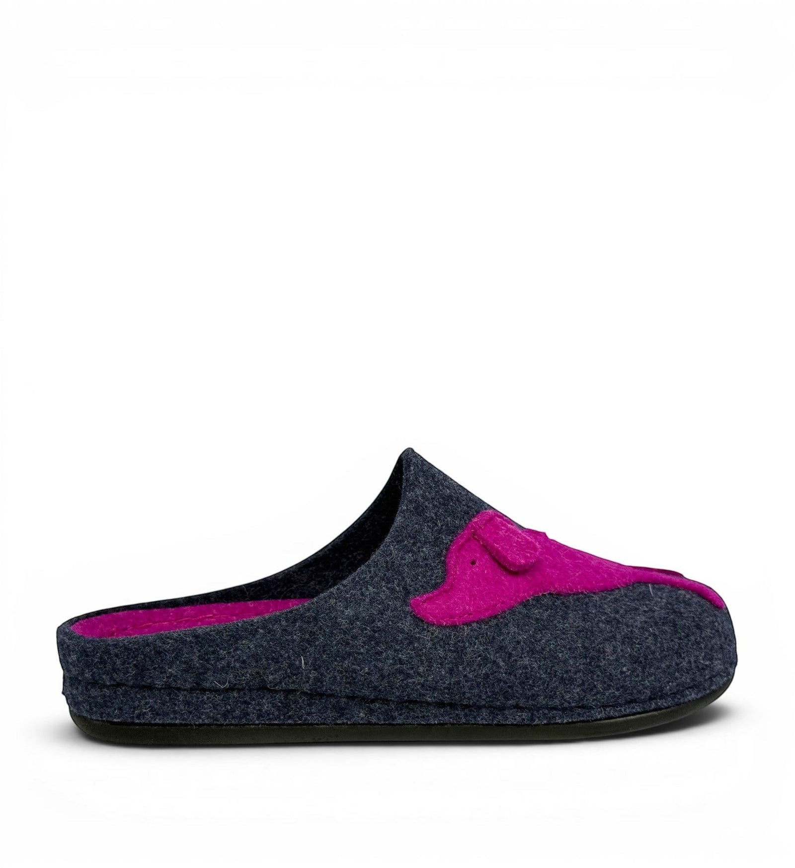 House of Florian DR. FEET charcoal wool felt slipper with a bright fuchsia dog applique design