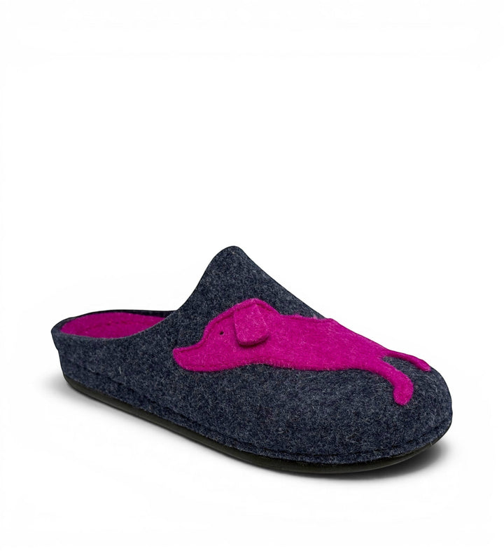 House of Florian DR. FEET charcoal wool felt slipper with a bright fuchsia dog applique design