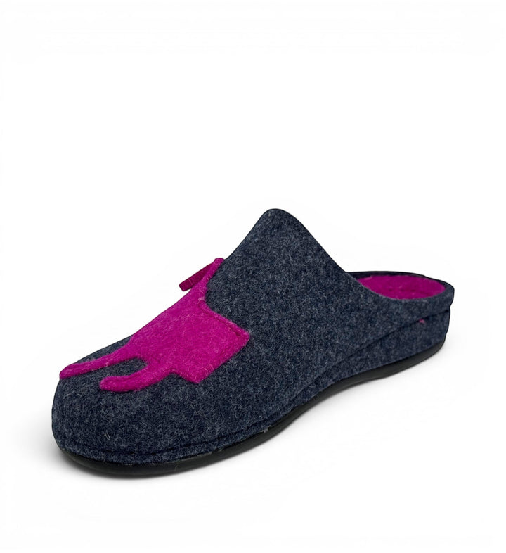 House of Florian DR. FEET charcoal wool felt slipper with a bright fuchsia dog applique design