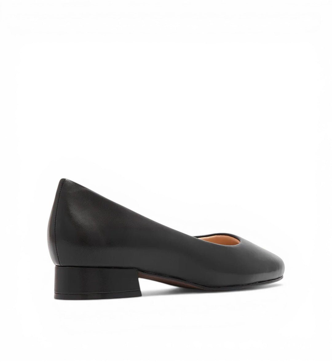 House of Florian Cleo black leather square-toe low block heel pumps.