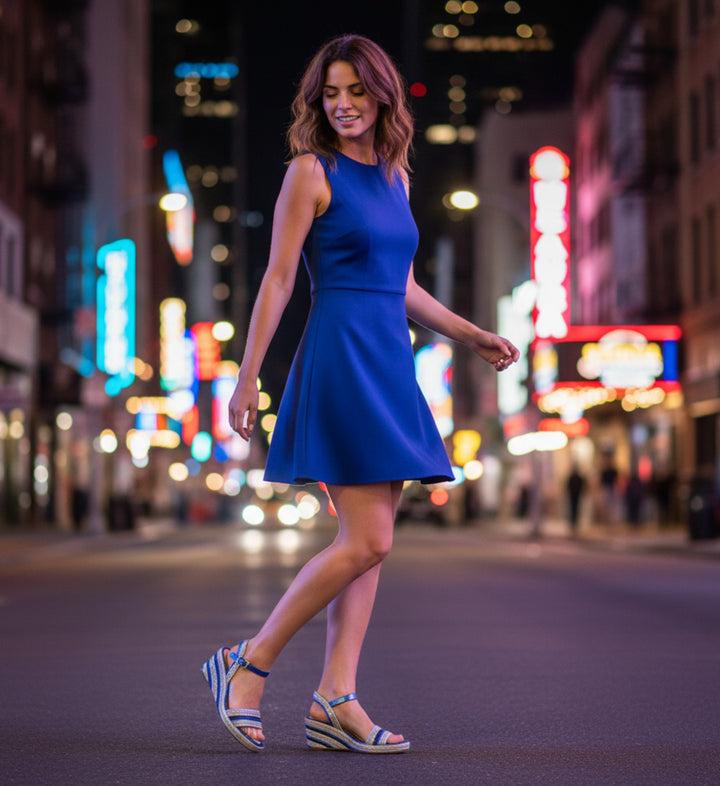 House of Florian Pelezet Cobalt metallic blue wedge sandals with striped espadrille sole and ankle strap.