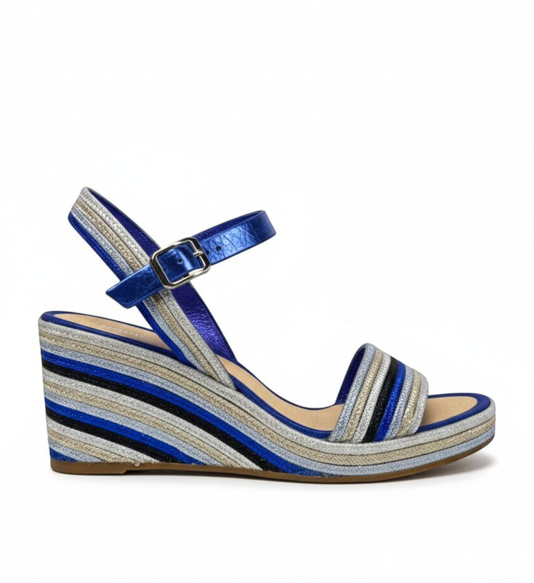 House of Florian Pelezet Cobalt wedge sandals with blue metallic ankle strap and striped wedge heel in blue, silver, and black.