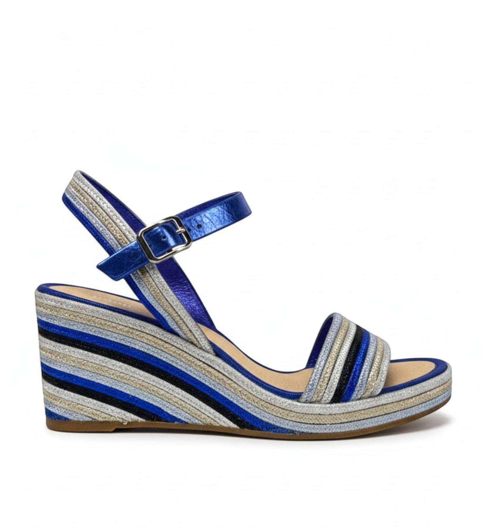 House of Florian Pelezet Cobalt wedge sandals with blue metallic ankle strap and striped wedge heel in blue, silver, and black.