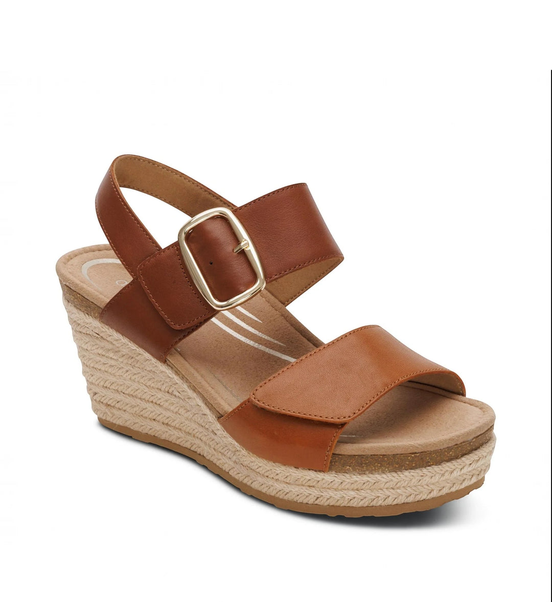 House of Florian Ashley coffee brown leather wedge sandal with an adjustable ankle strap and espadrille platform sole.