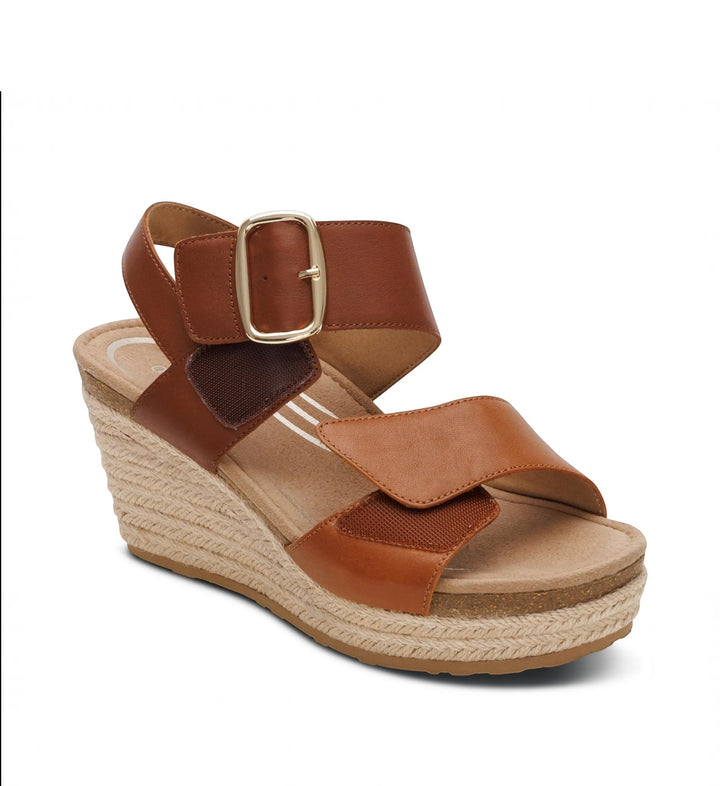 House of Florian Ashley coffee brown leather wedge sandals with an espadrille platform sole and gold buckle detail.