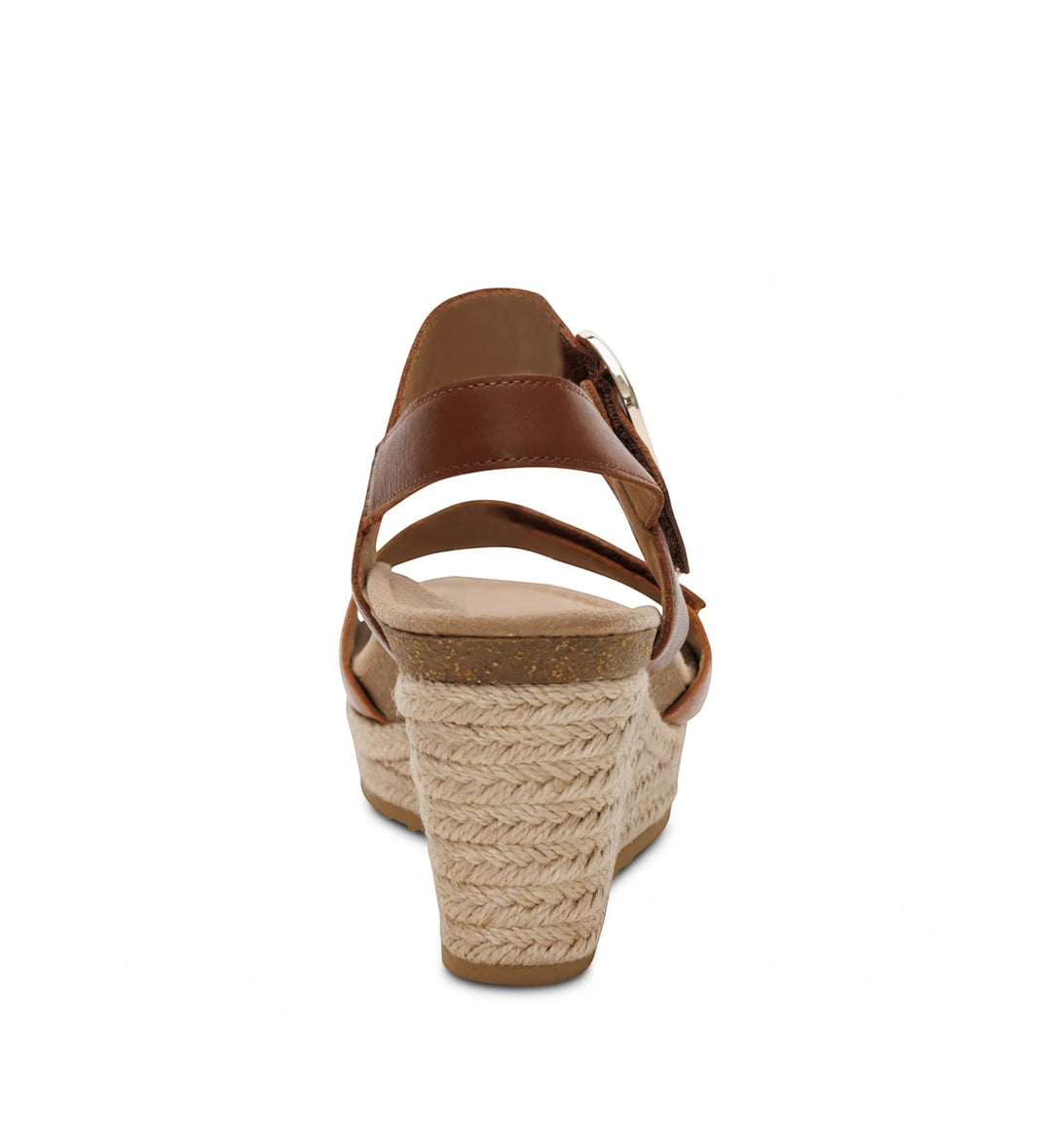 House of Florian Ashley coffee brown wedge sandal with a braided jute platform heel, back view.