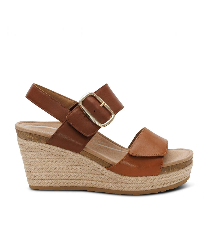 House of Florian Ashley coffee multi wedge sandal with brown leather straps, gold buckle, and jute-wrapped platform