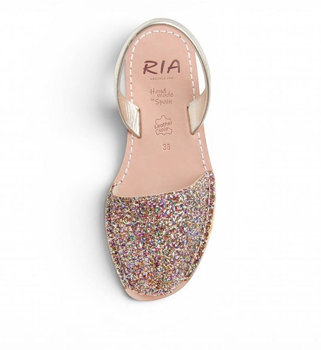 House of Florian Joan Avarcas glitter sandals in confetti multicolor with leather sole and slingback strap.