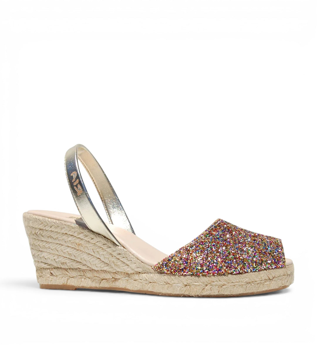 House of Florian Lluna Avarcas glitter wedge espadrilles with confetti design and gold strap.