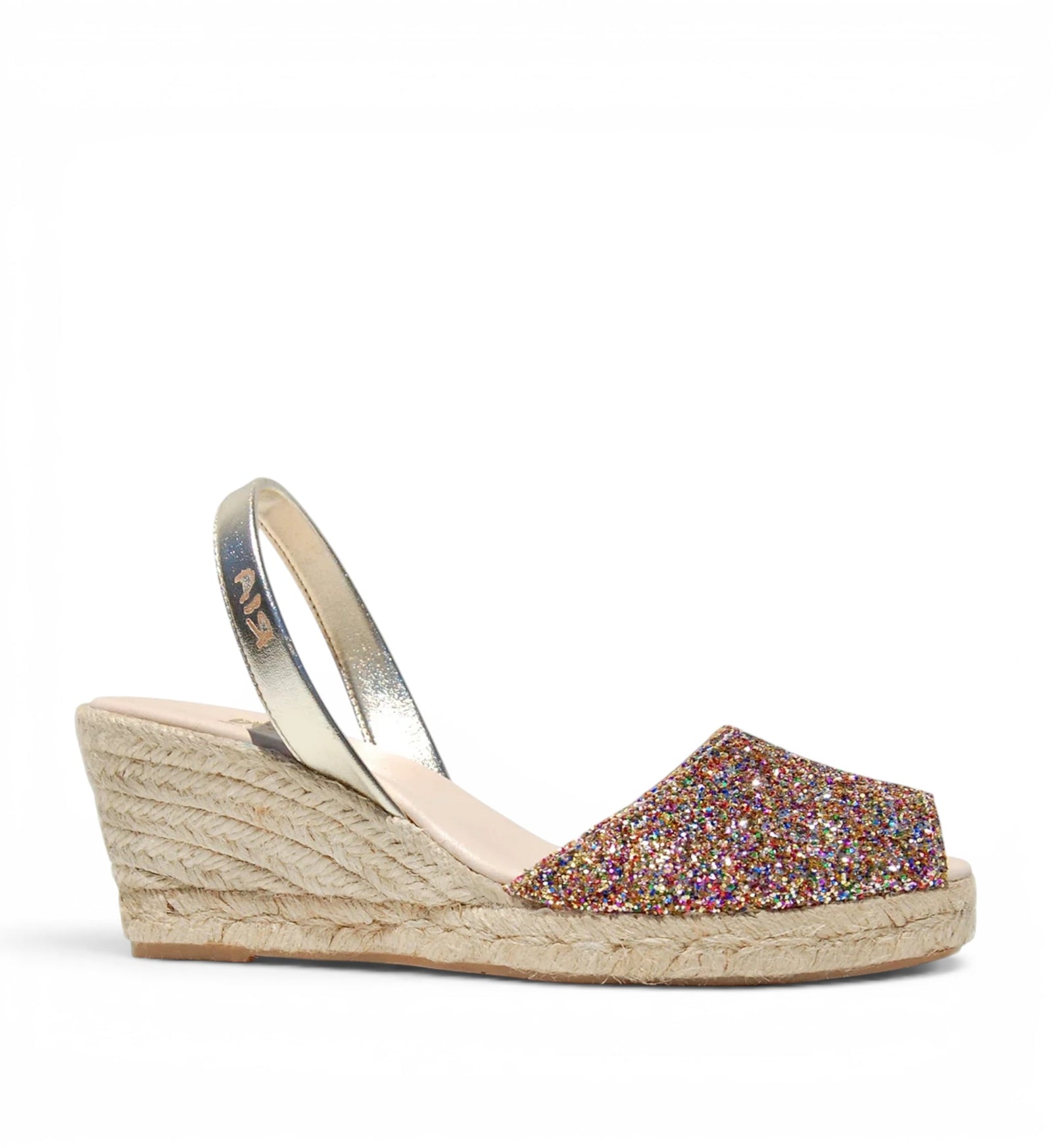 House of Florian Lluna Avarcas glitter wedge espadrilles with confetti design and gold strap.