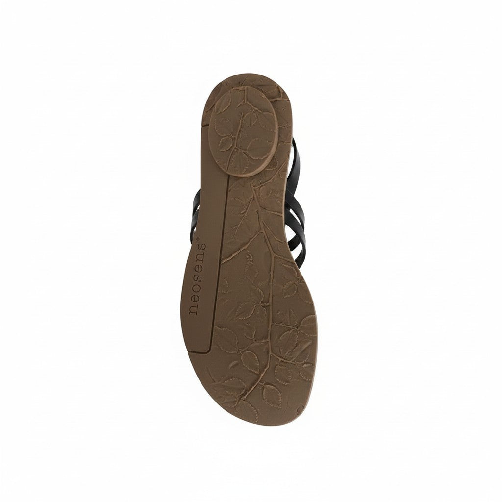 House of Florian Daphni 3128 black leather strappy flat sandal with adjustable ankle buckle.