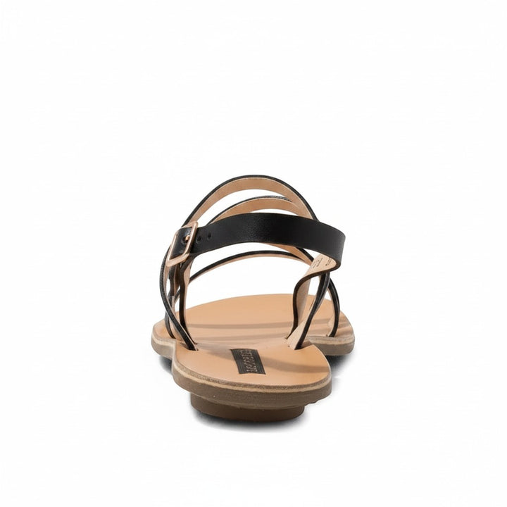 House of Florian Daphni 3128 black leather flat sandals with multi-straps and adjustable ankle buckle.