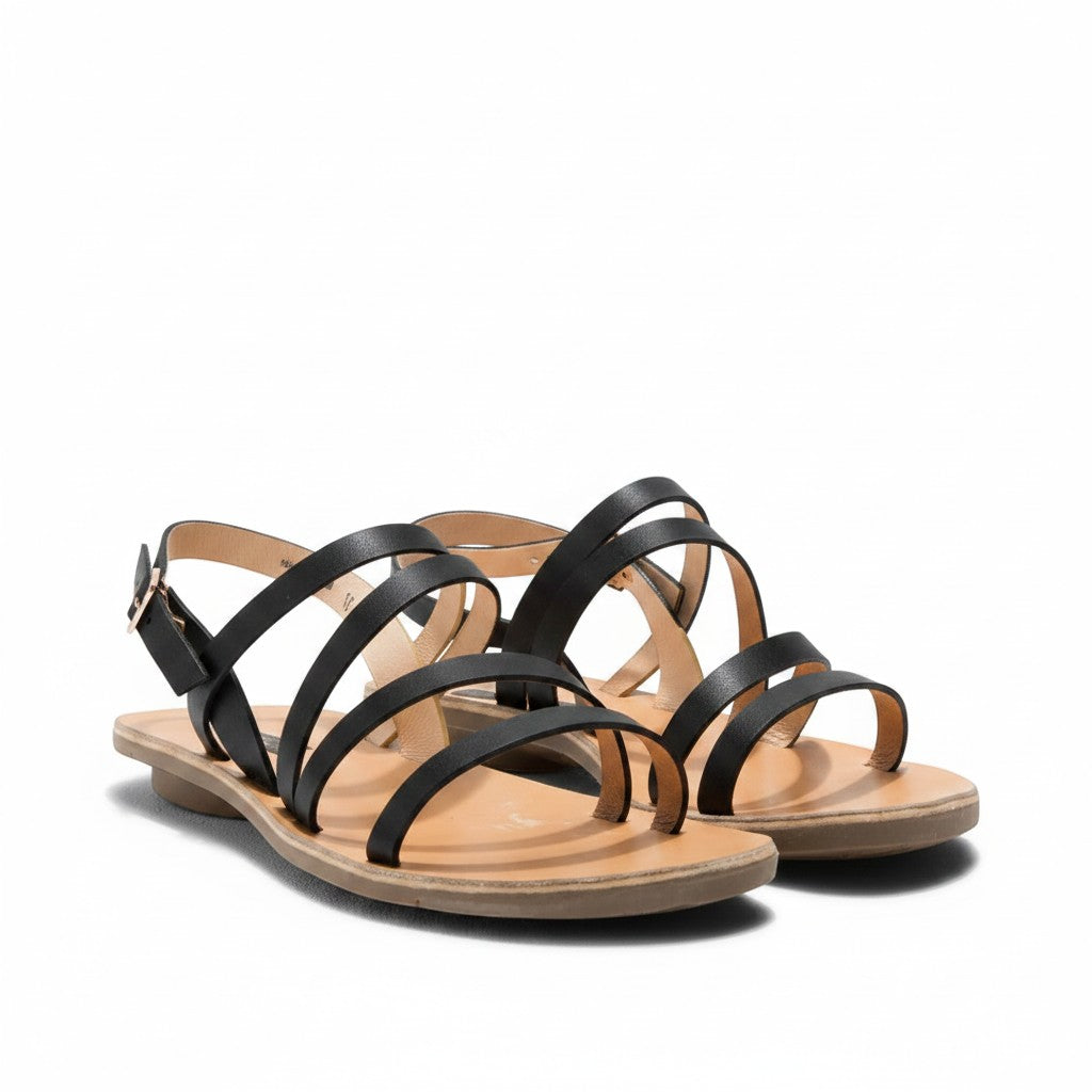House of Florian Daphni 3128 cream leather multi-strap flat sandal with adjustable ankle buckle.