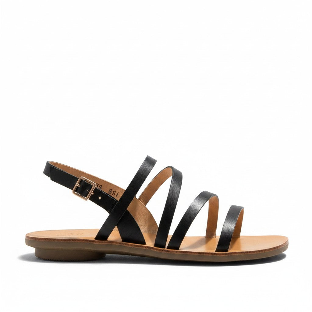 House of Florian Daphni 3128 cream leather strappy flat sandals with adjustable ankle buckle.