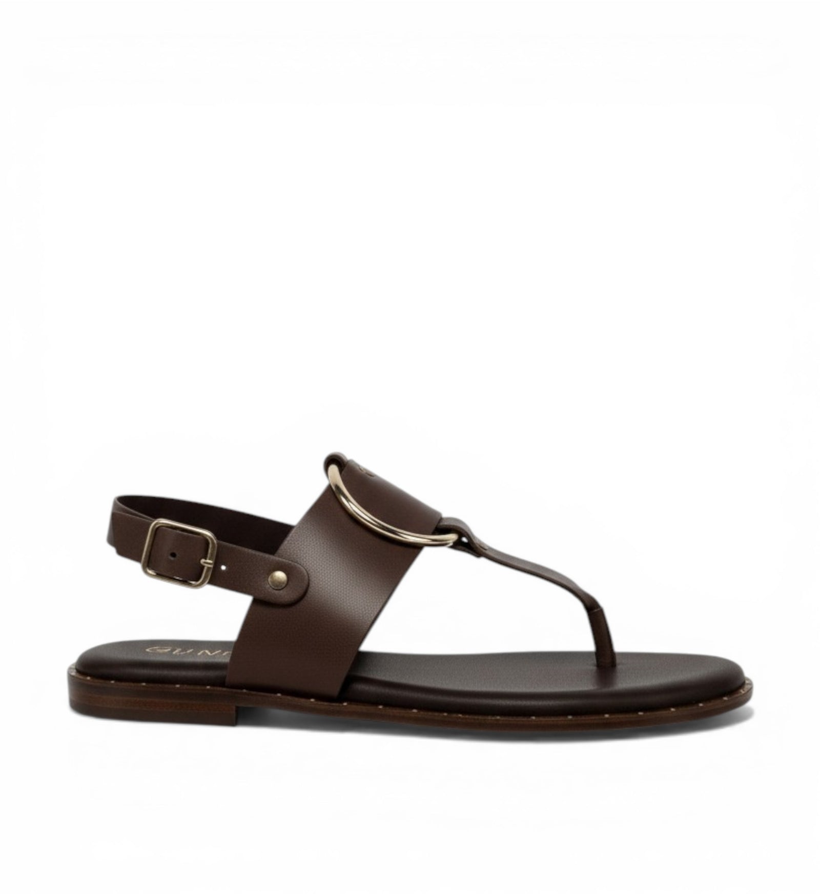 House of Florian Tegan dark brown leather thong sandals with ankle strap and gold ring detail.