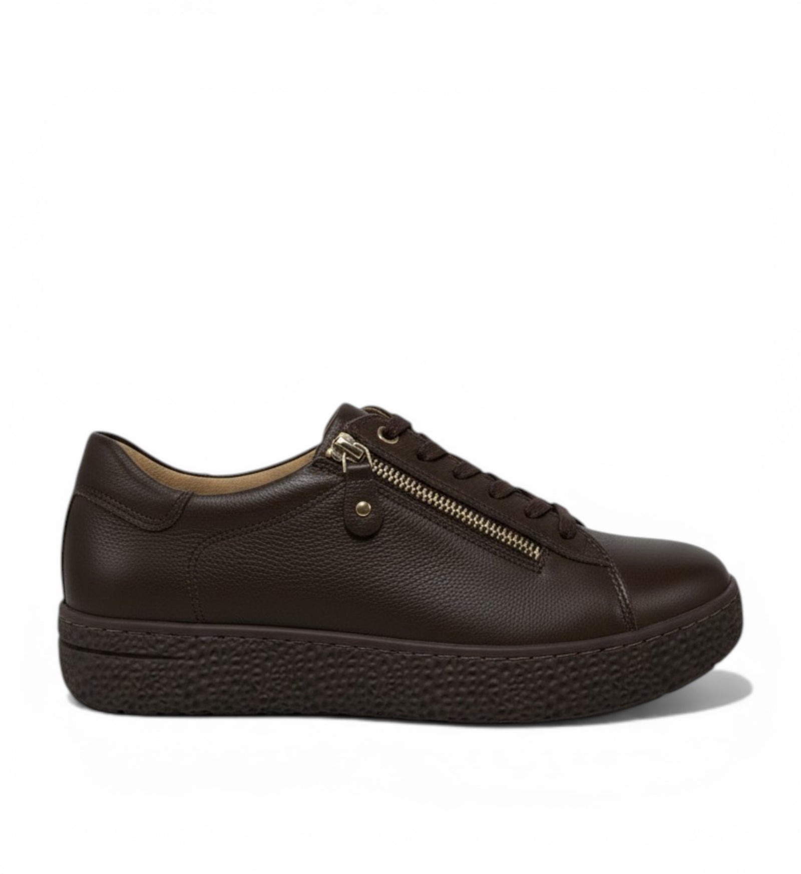 House of Florian Oceanne XW Choc/Choc dark brown leather sneakers with side zip detail and textured sole.
