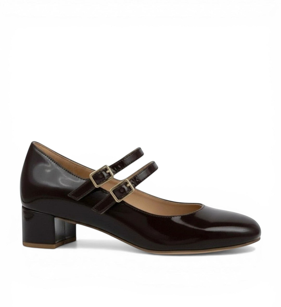 House of Florian Karoly W Chock Patent dark brown patent leather Mary Jane shoes with double buckle straps and block heel.