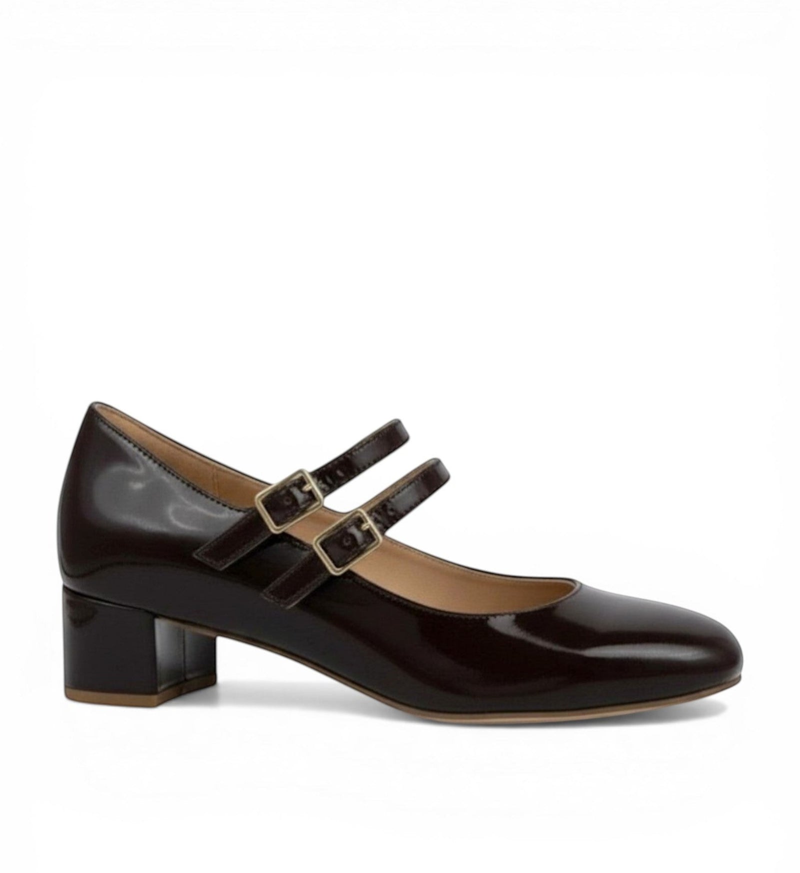 House of Florian Karoly W Chock Patent dark brown patent leather Mary Jane shoes with double buckle straps and block heel.