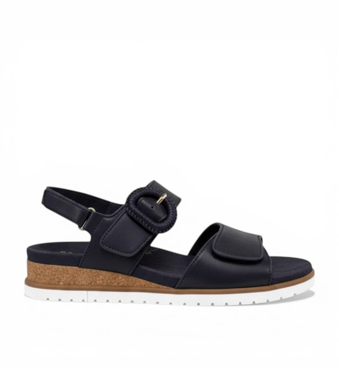 House of Florian Vatch W dark navy sandals with white sole and cork detail. Features adjustable straps and a decorative buckle.