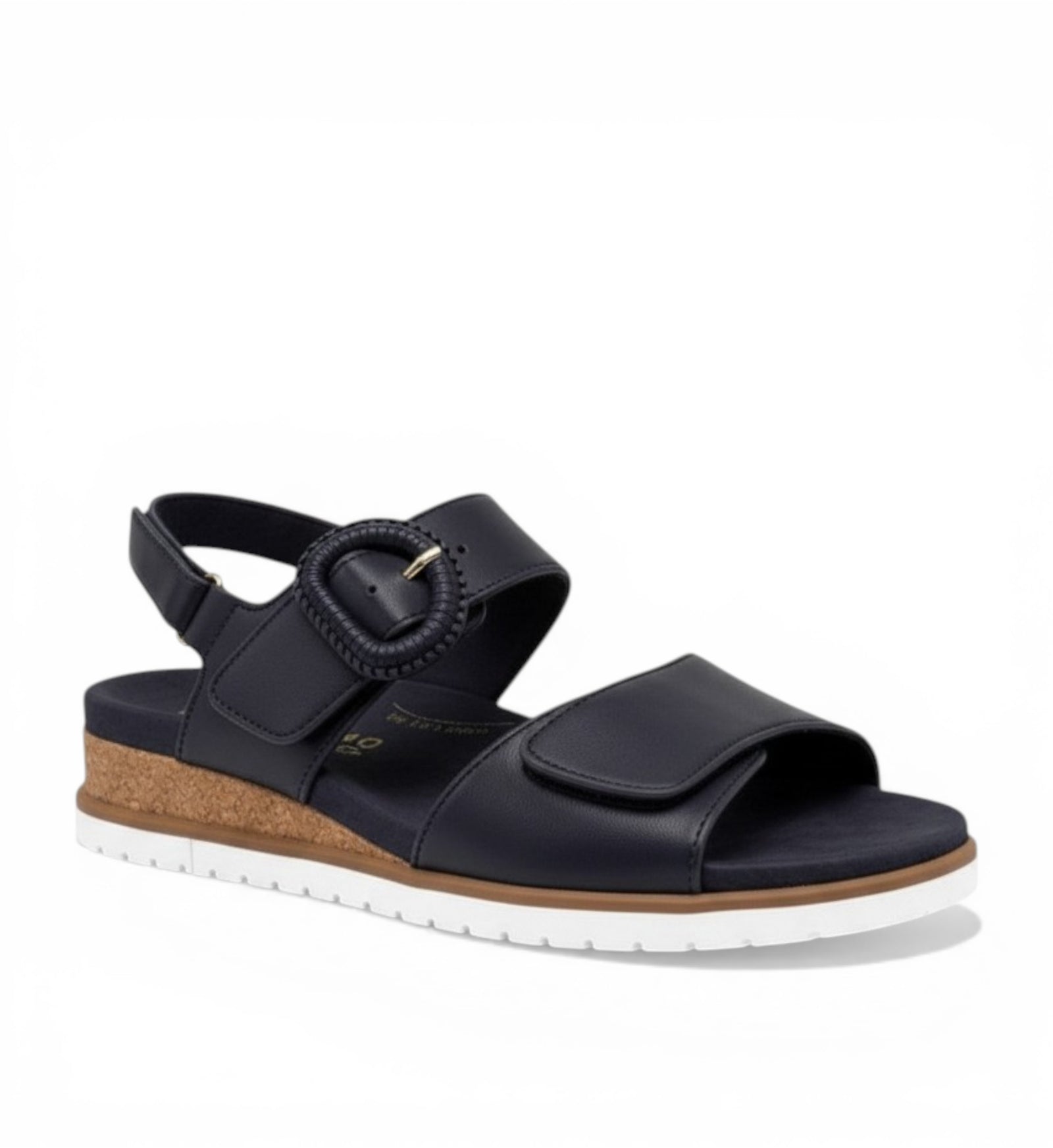 House of Florian dark navy leather sandals with white sole and cork detail. Features adjustable straps and decorative buckle.