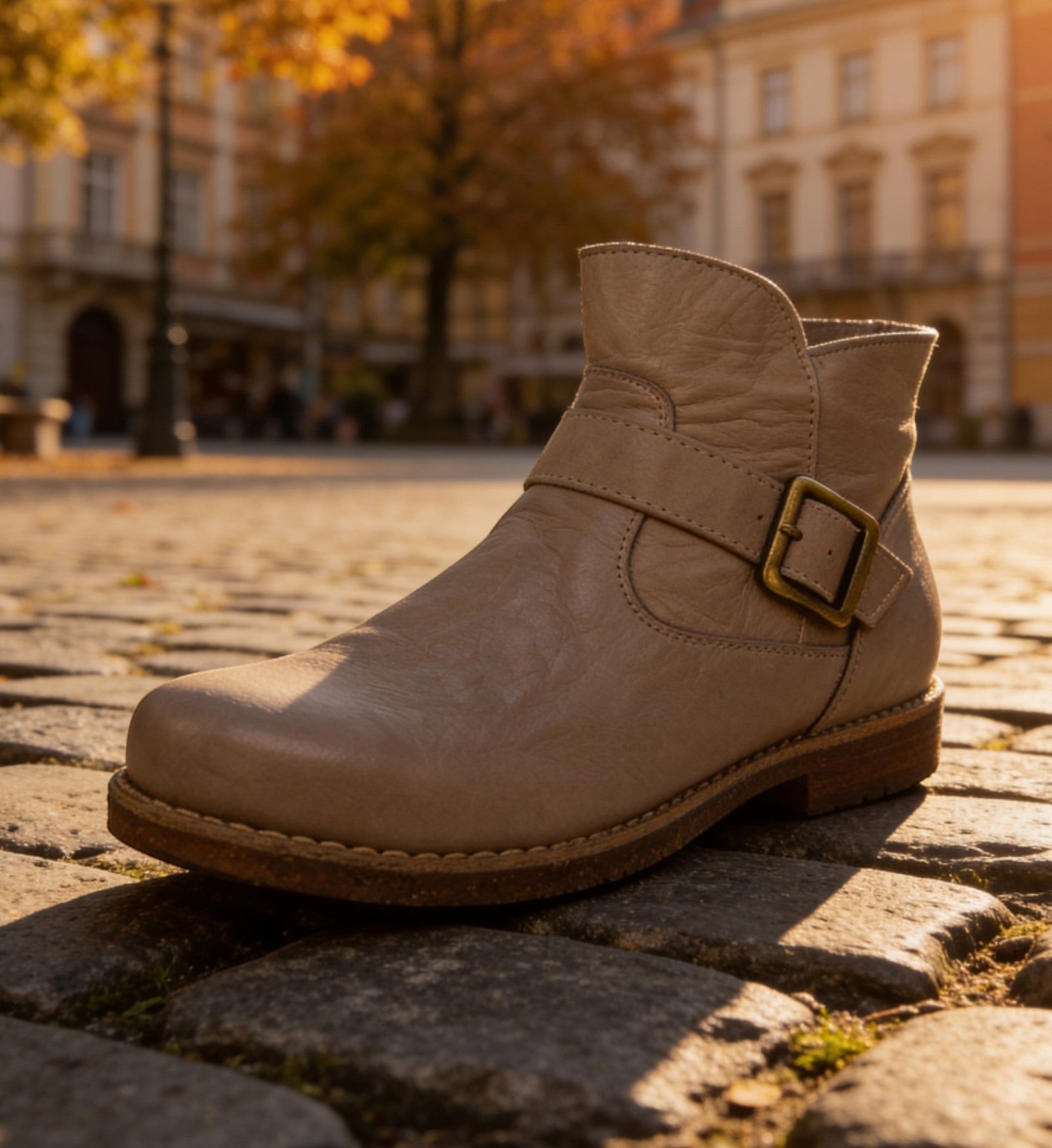 House of Florian Tadaka Dark Stone leather ankle boot with buckle detail.