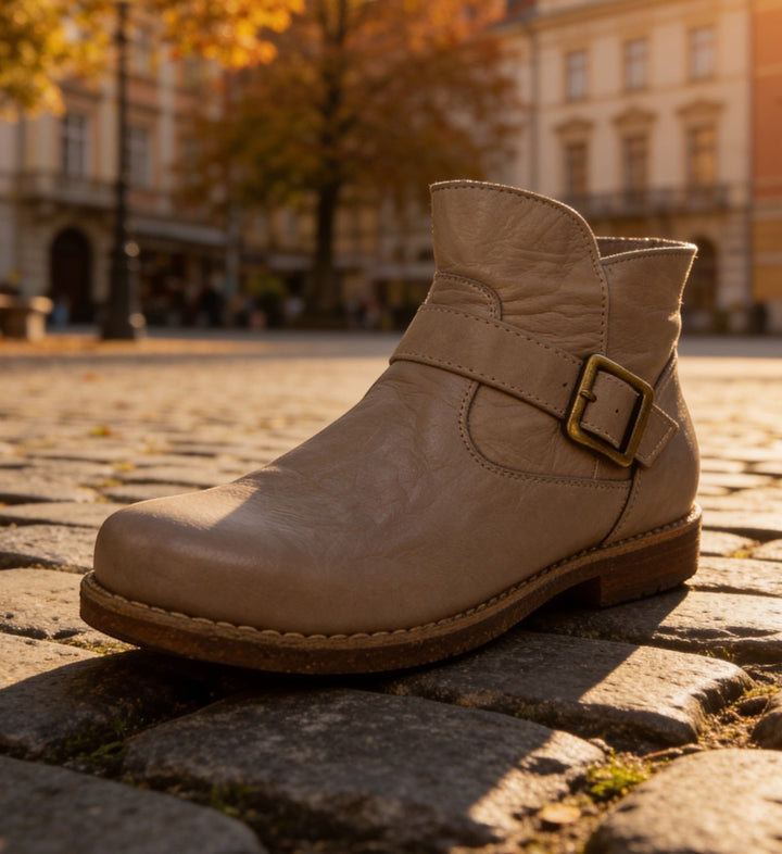 House of Florian Tadaka Dark Stone leather ankle boot with buckle detail.