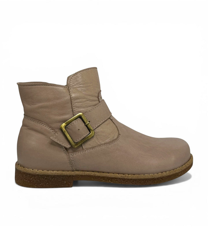 House of Florian Tadaka Dark Stone taupe leather ankle boots with buckle detail.