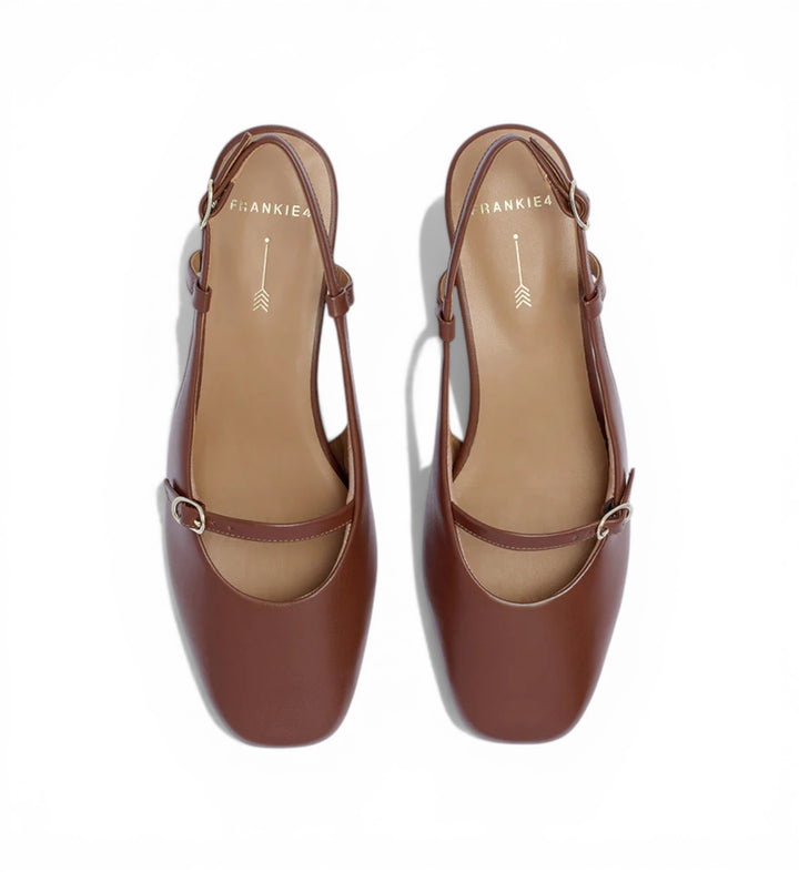 House of Florian Iris dark tan leather slingback flats with buckle detail and square toe.