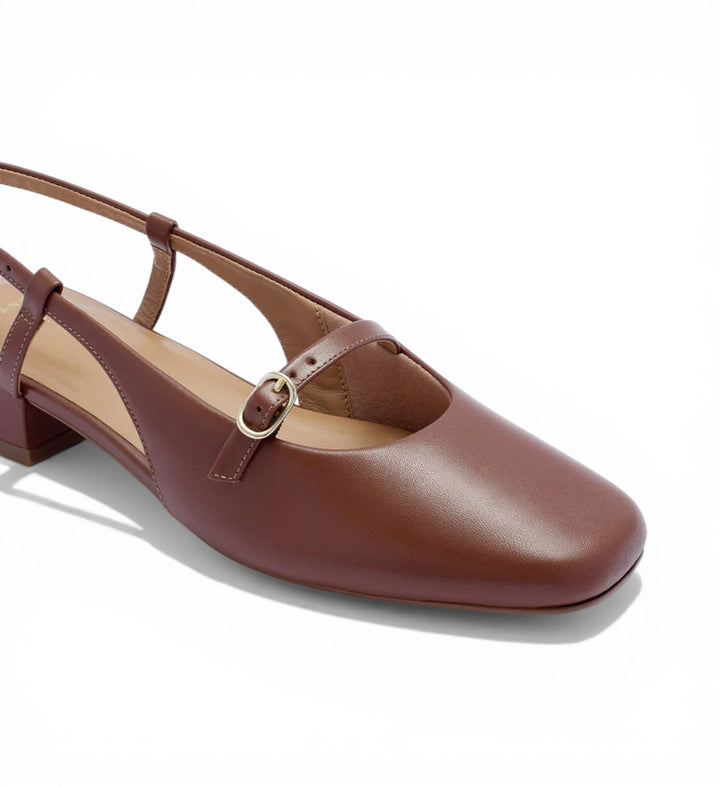 House of Florian Iris dark tan leather slingback heels with a square toe and gold buckle detail.