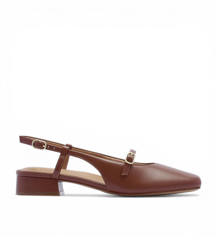 House of Florian Iris dark tan leather slingback heels with a square toe and adjustable ankle strap.