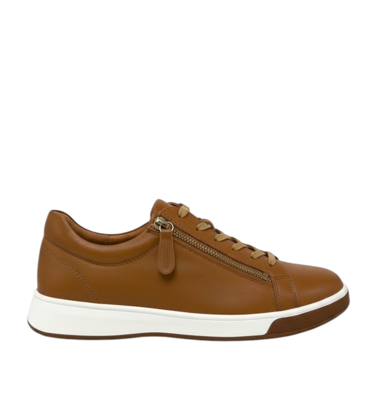 House of Florian Aito XF dark tan leather sneakers with side zipper and white sole.