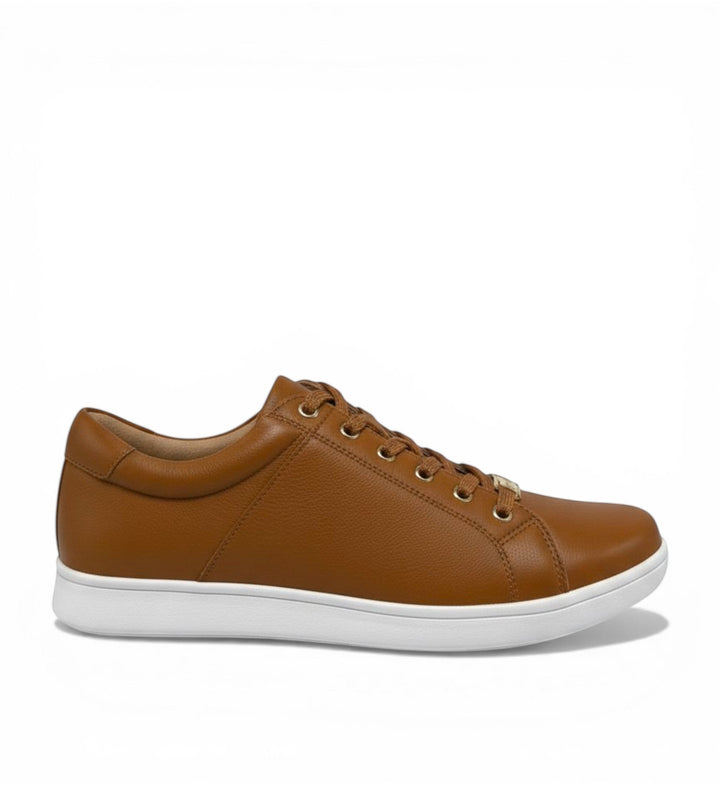 House of Florian Delilah XF Dark Tan leather sneakers with white soles and gold eyelet detail.