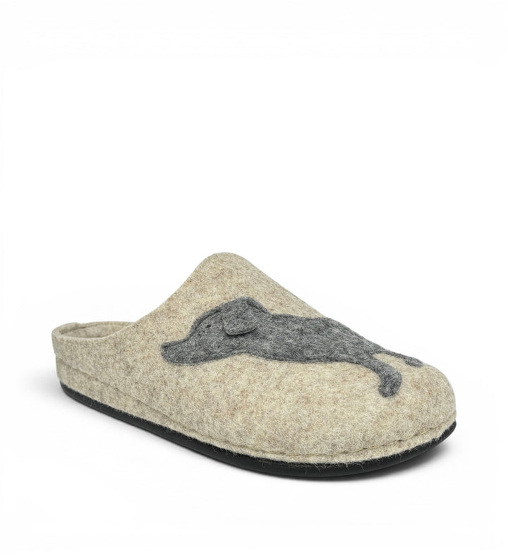 House of Florian Dash felt slipper in beige with a grey dog applique design and black rubber sole