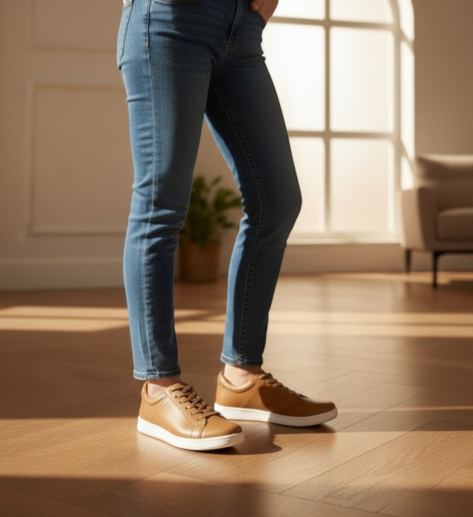 House of Florian Delilah XF Dark Tan leather sneakers with white soles and laces. Comfortable, casual footwear.
