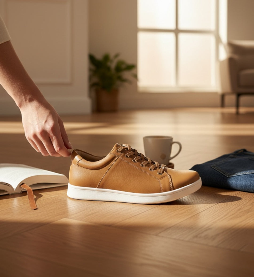 House of Florian Delilah XF dark tan leather sneakers with white soles and laces. Podiatry endorsed.