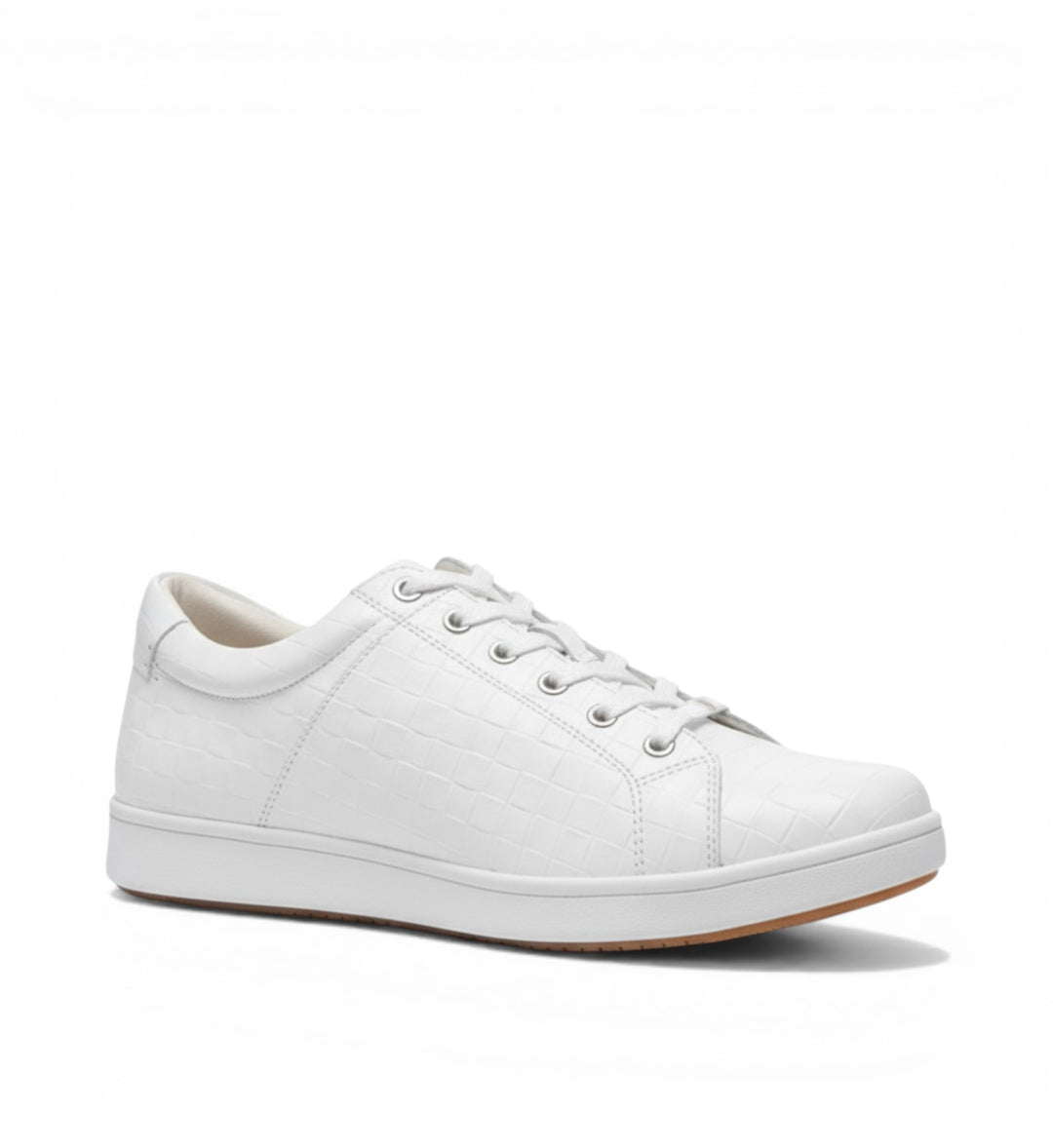 House of Florian Delilah XF white leather sneakers with embossed crocodile texture and lace-up closure.