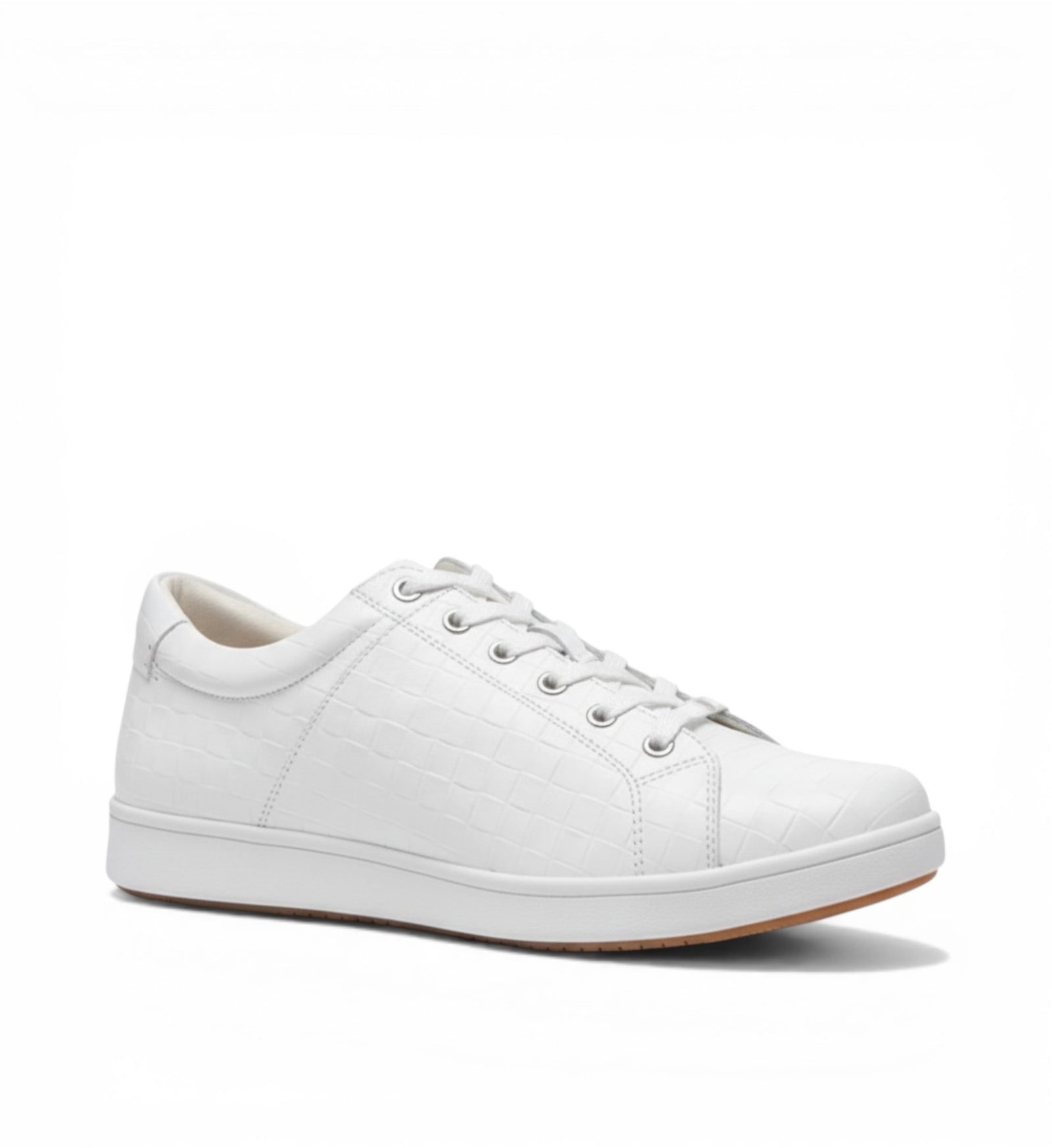 House of Florian Delilah XF white leather sneakers with embossed crocodile texture and lace-up closure.