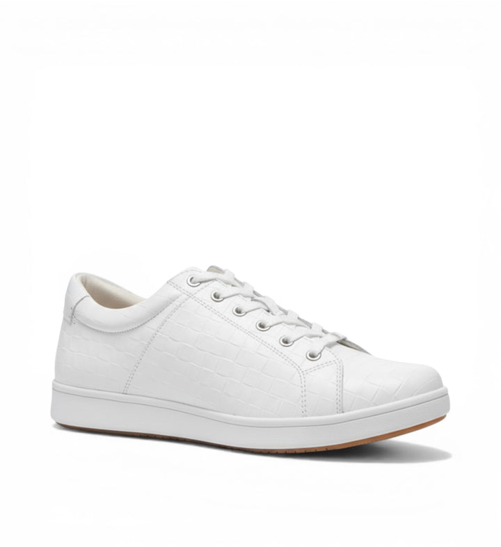 House of Florian Delilah XF white leather sneakers with embossed crocodile texture and lace-up closure.