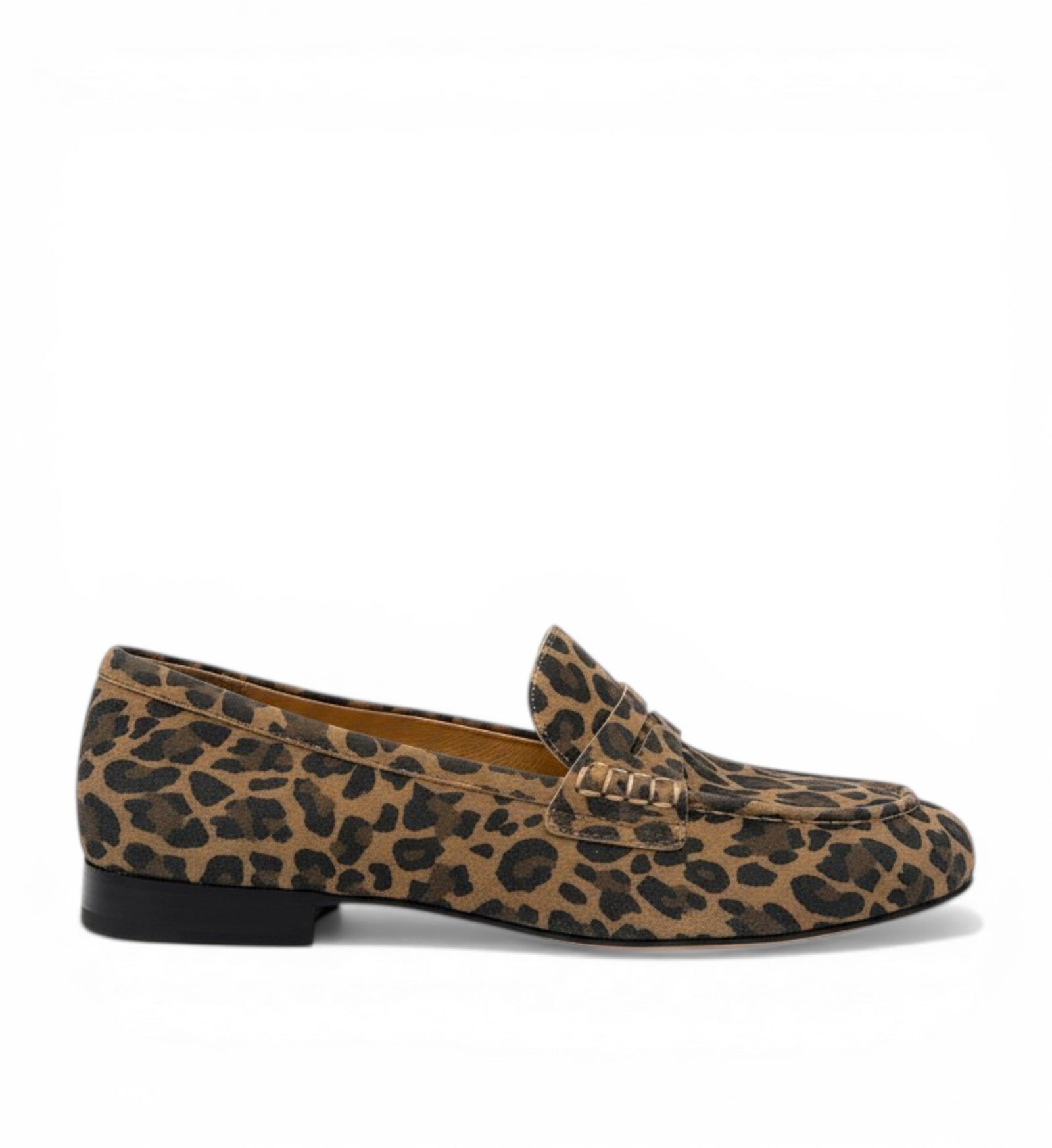 House of Florian Deline XW camel leopard print suede loafers with a low heel and decorative stitching.
