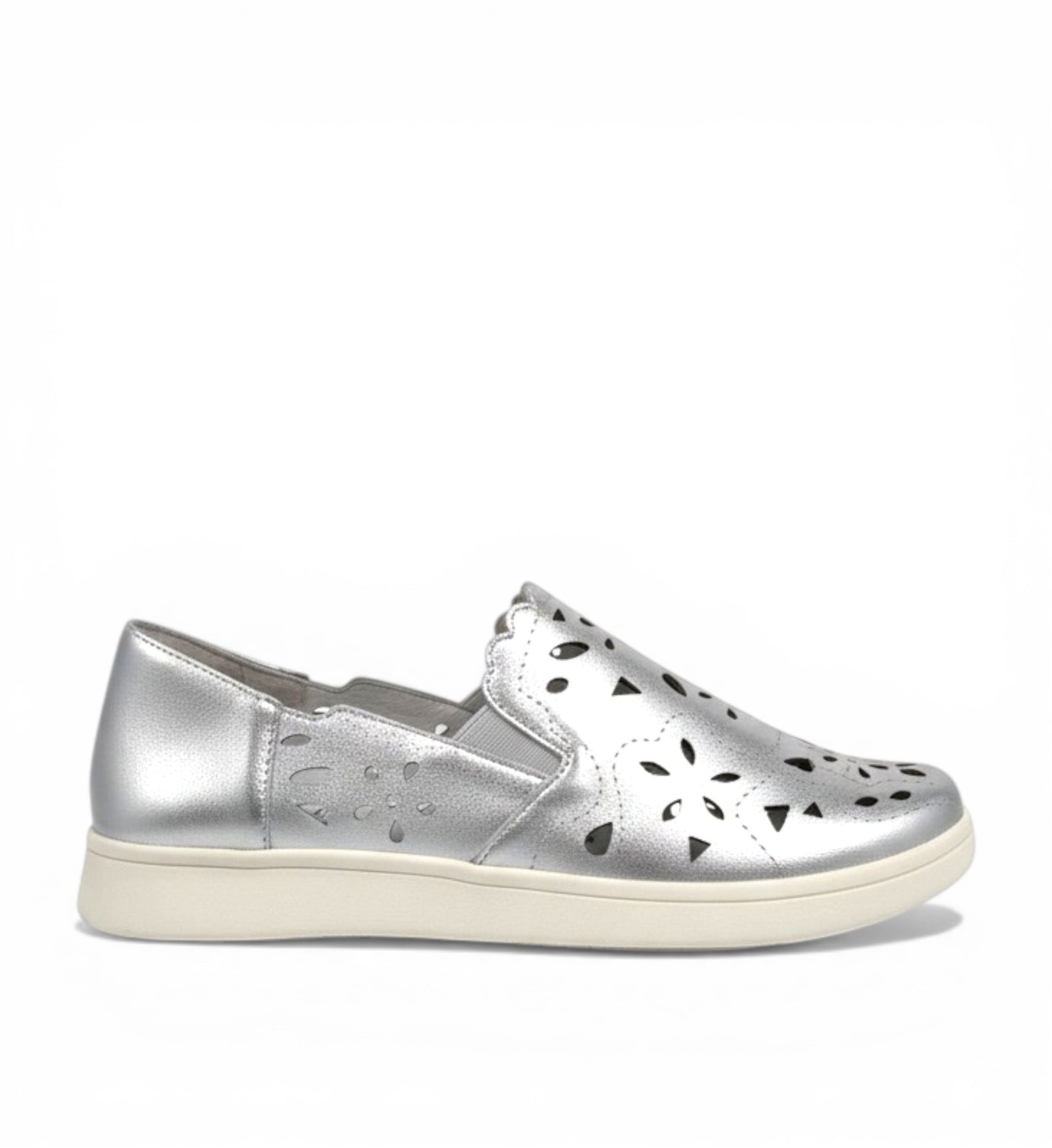 House of Florian Deljis XF silver slip-on shoes with floral cut-out details and a white sole.