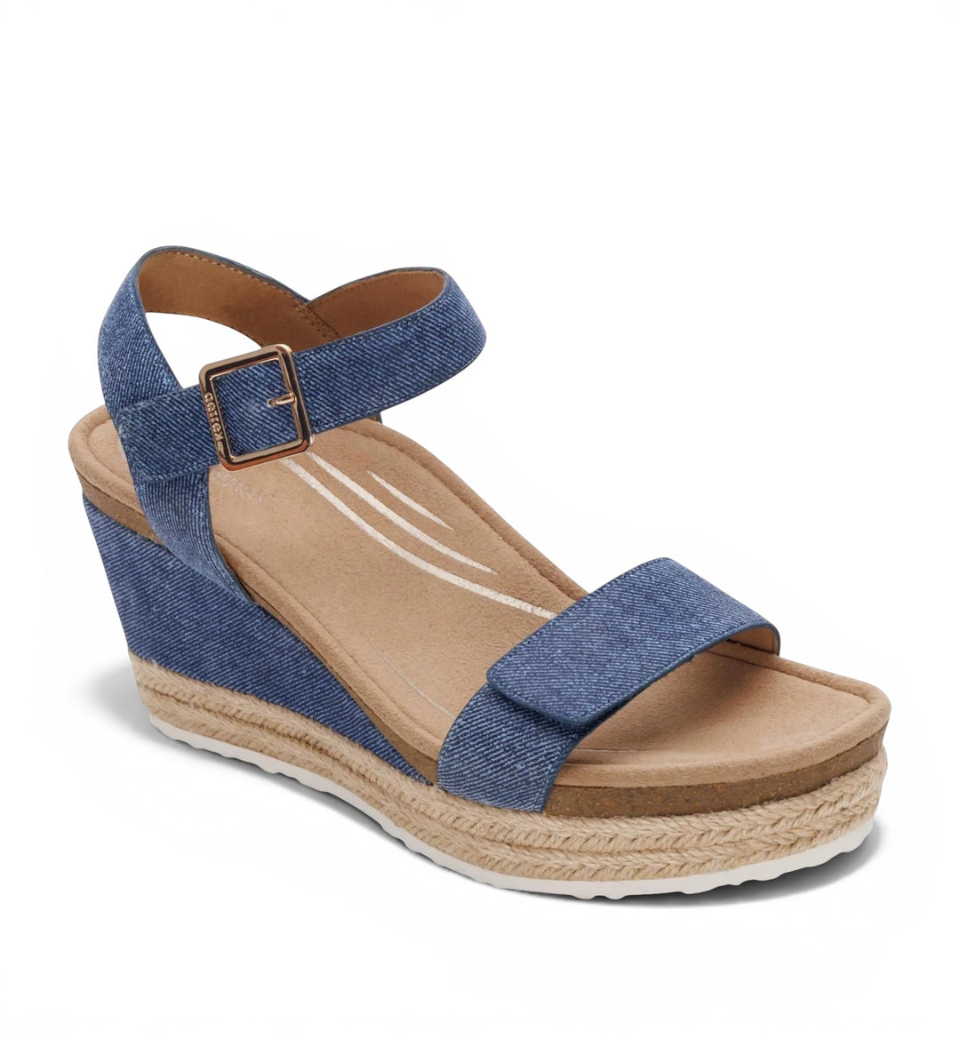 House of Florian Sydney Denim wedge sandal with blue fabric upper, ankle strap, and braided jute espadrille platform sole