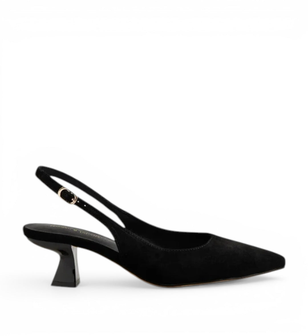 House of Florian Django and Juliette Linly black suede slingback heels with pointed toe and sculpted heel.