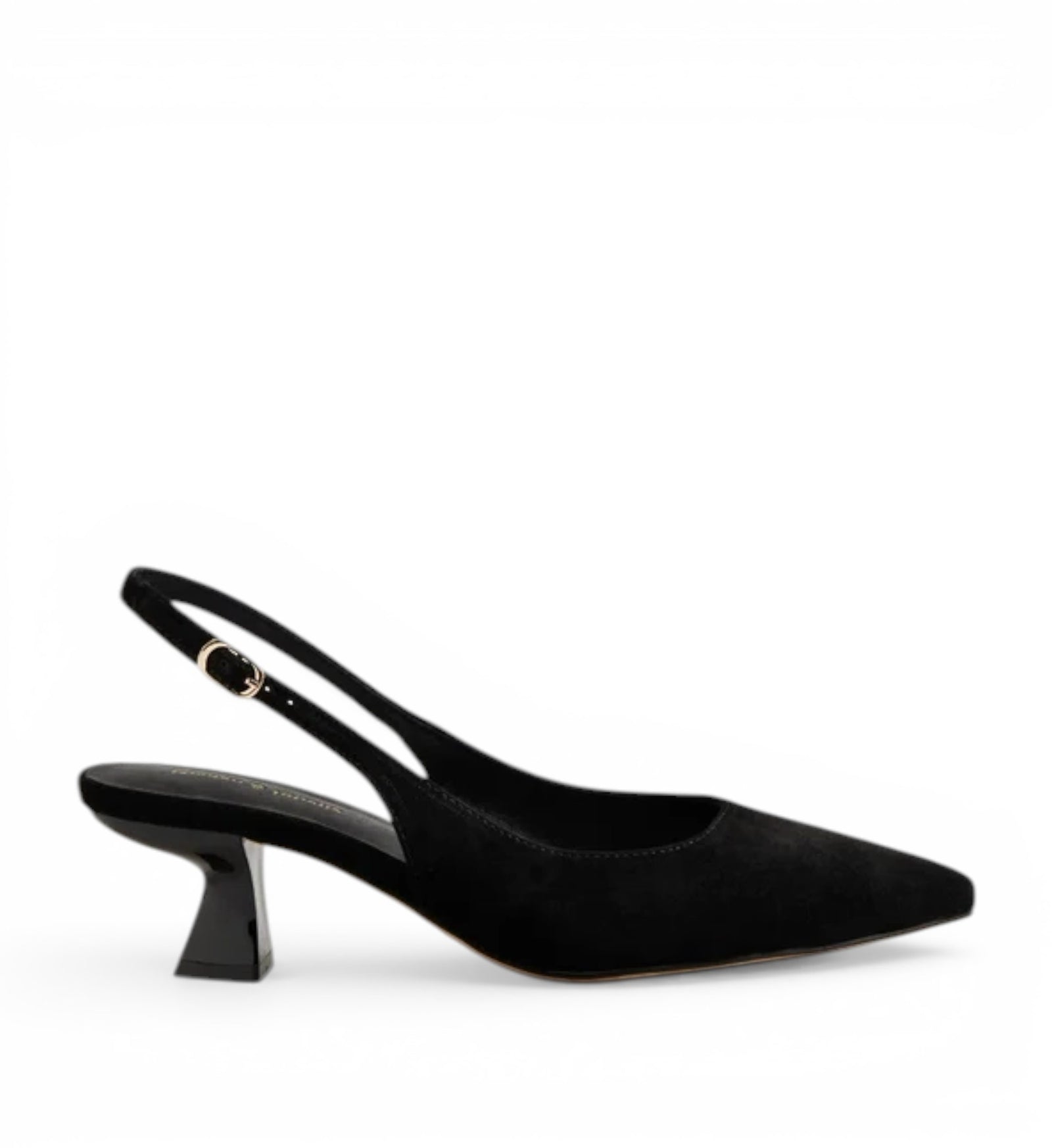 House of Florian Django and Juliette Linly black suede slingback heels with pointed toe and sculpted heel.