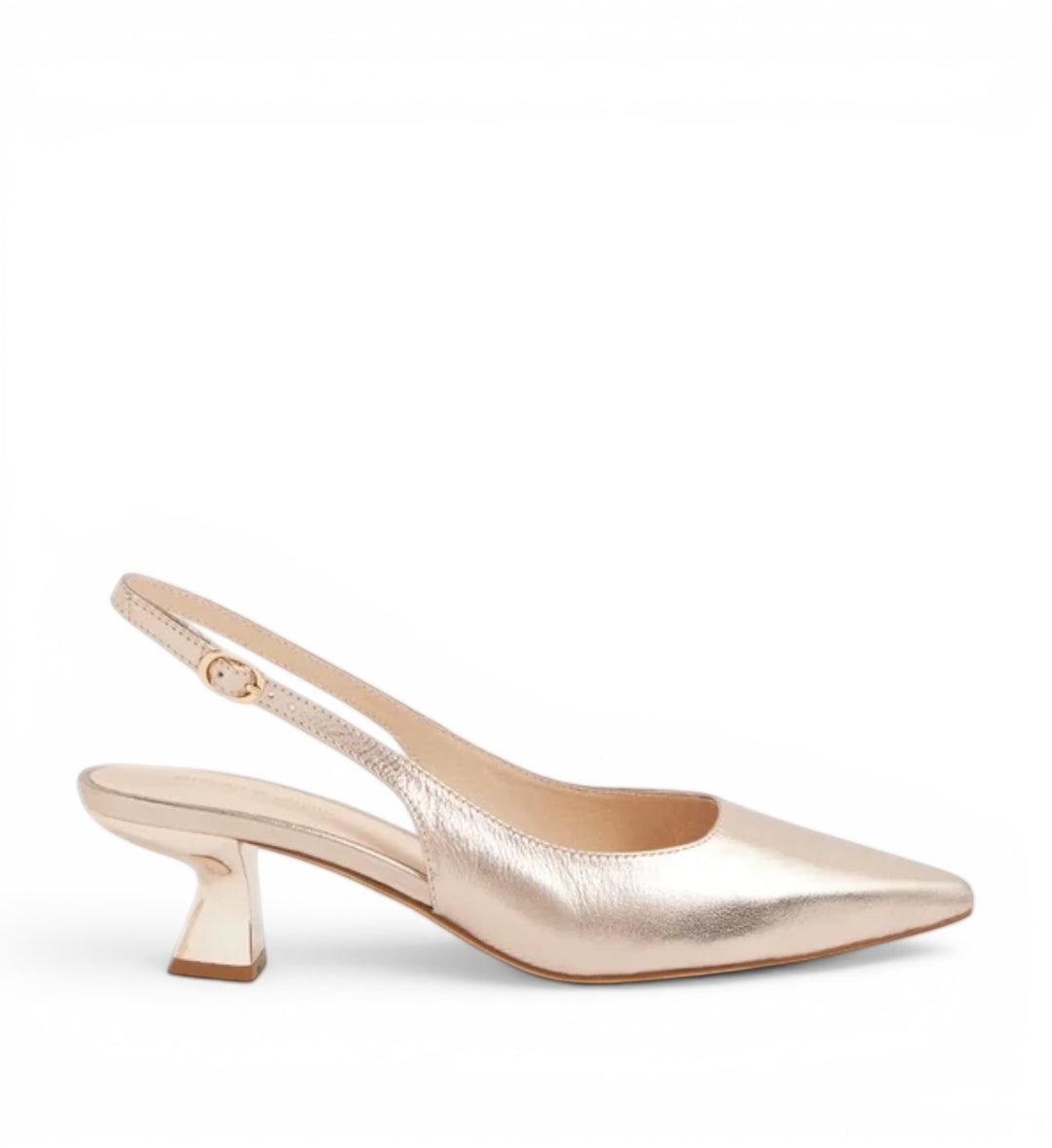 House of Florian DJANGO &amp; JULIETTE Linly Platino rose gold metallic leather pointed toe slingback heels with sculpted heel.
