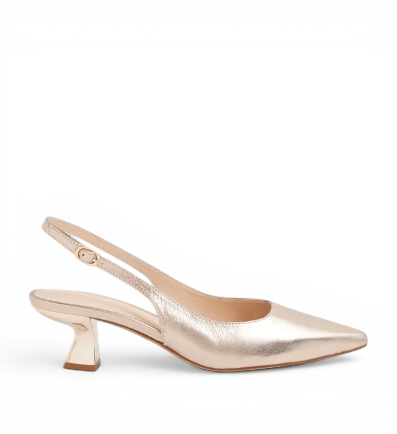 House of Florian DJANGO & JULIETTE Linly Platino rose gold metallic leather pointed toe slingback heels with sculpted heel.