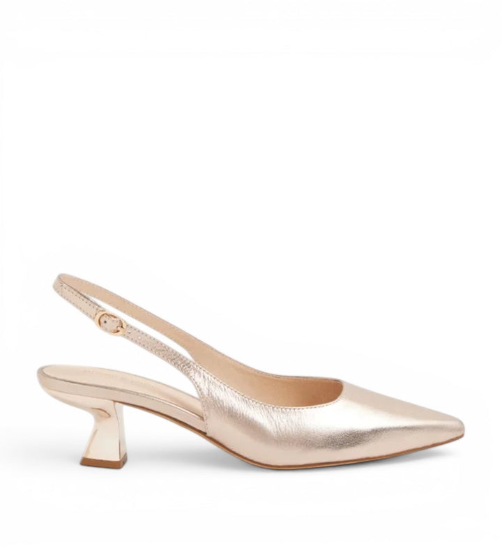 House of Florian DJANGO &amp; JULIETTE Linly Platino rose gold metallic leather pointed toe slingback heels with sculpted heel.